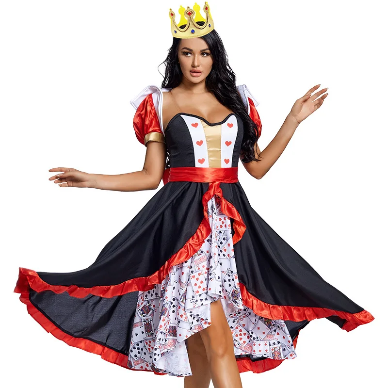 Umorden Halloween Women Flirty Poker Red Queen of Hearts Costume Cosplay Movie Fantasia Dress and Shawl