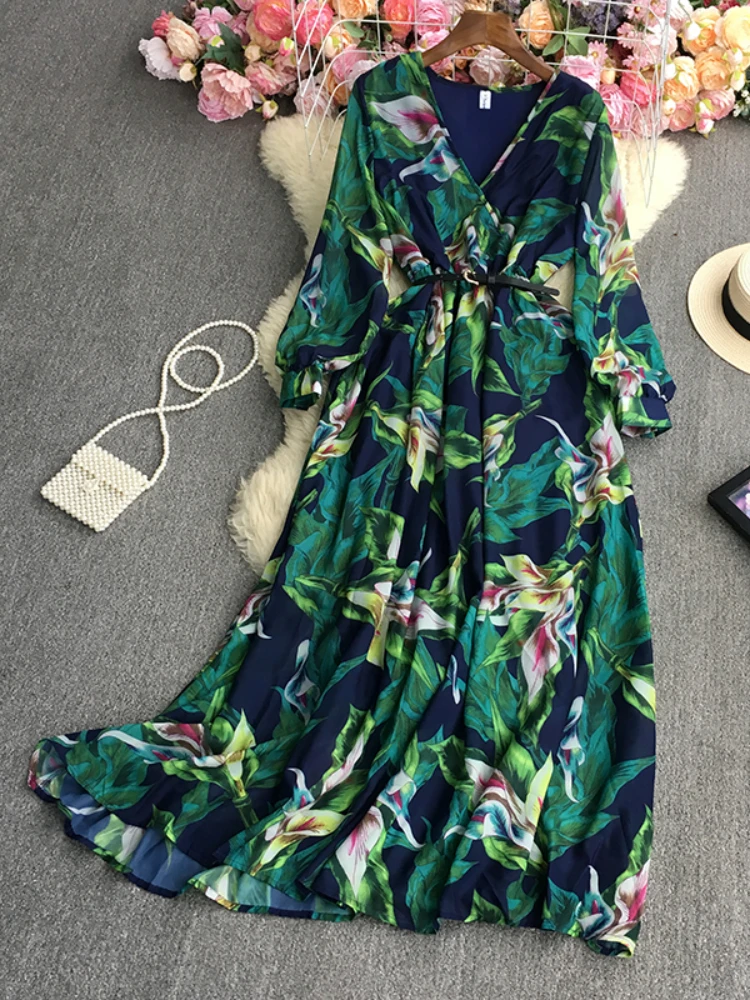 

Fitaylor New Spring Holiday Style Print Long Dress Women Casual V-neck Long Sleeve High Waist Dress with Belt Lady Elegant Dress