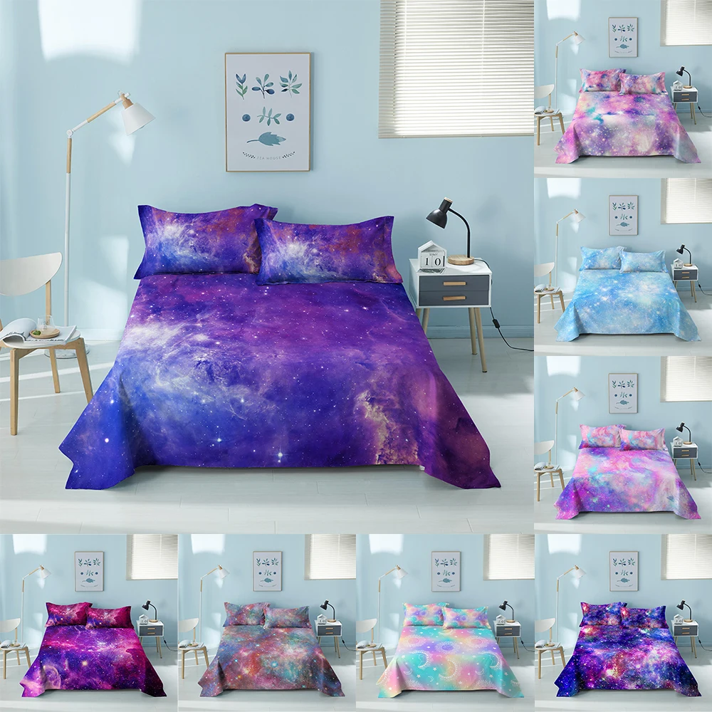 

3 Piece Bed Sheet Set 3D Starry Sky Printed Polyester Bed Sheets and Pillowcases Galaxy Design Bedding Flat Sheet Home Textile