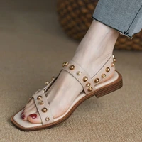 2022 new square low heels shoes top quality genuine leather rivet sandals women summer buckle ladies dress shoes sandals women