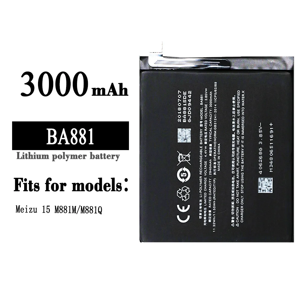

100% Orginal High Quality Replacement Battery For Meizu 15 M881M Q BA881 3000mAh Mobile Phone Built-in New Lithium Batteries