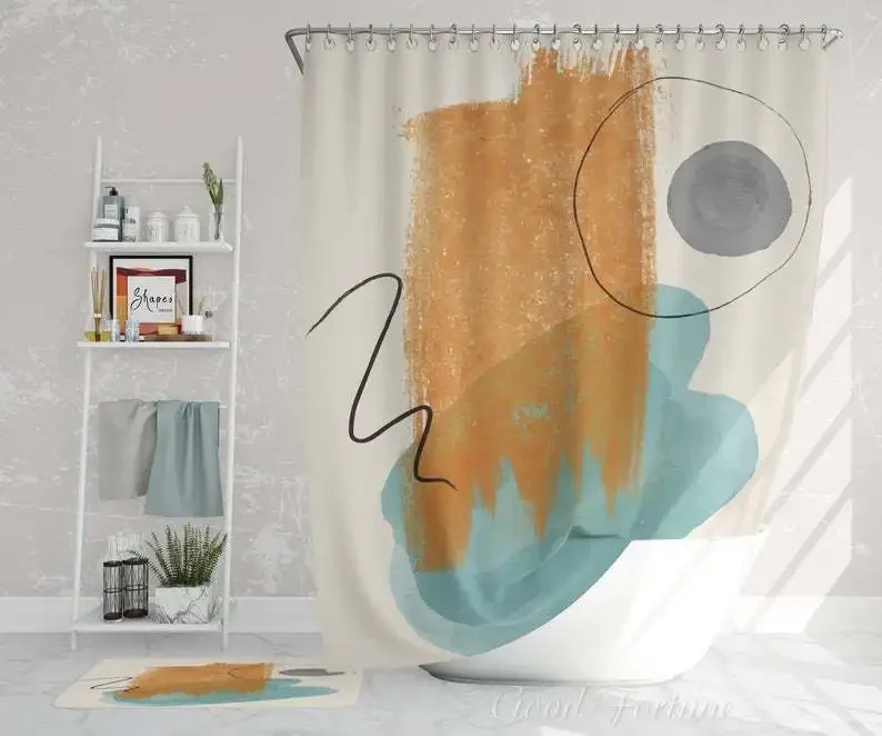 Абстрактное искусство Синий Бирюзовый Оранжевый Акварельные формы Занавеска