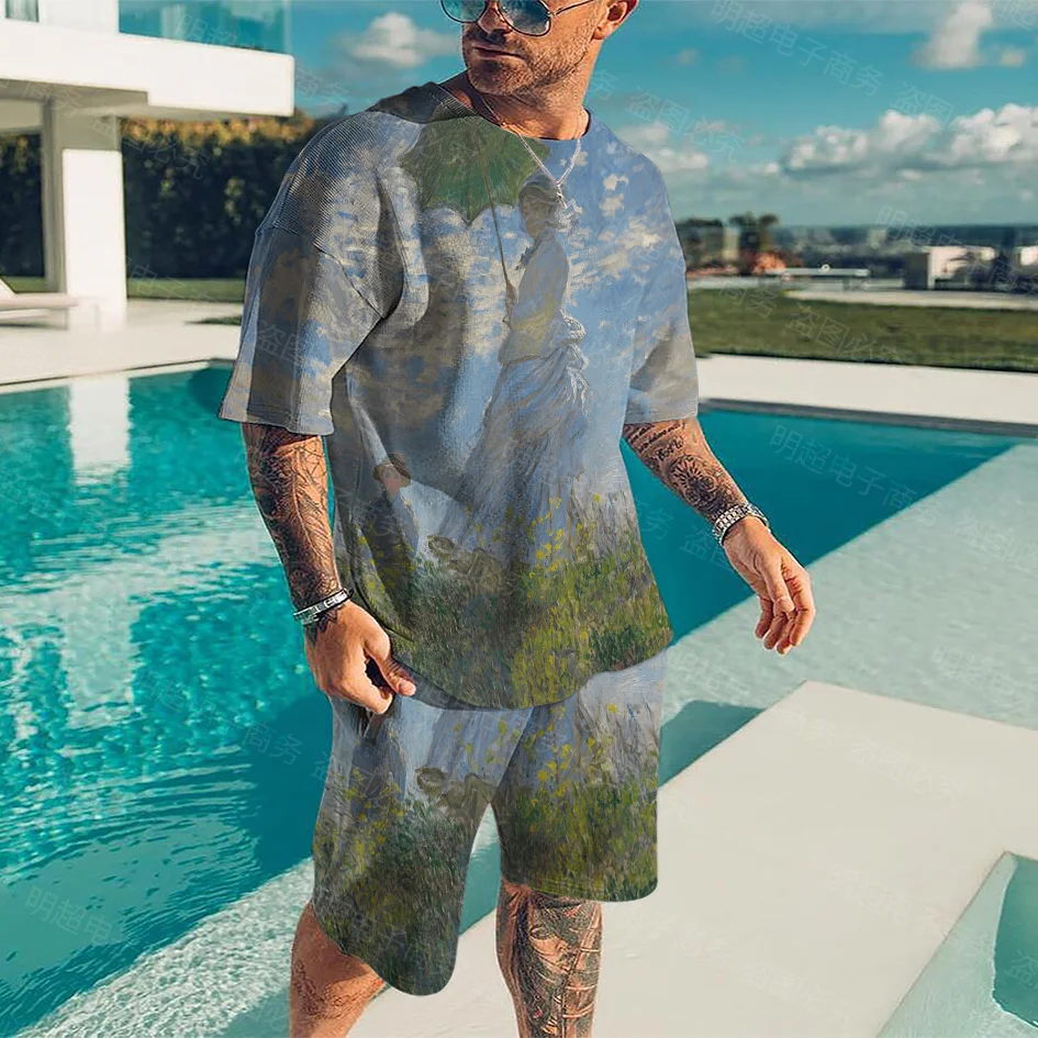 Retro T-shirt Fashion Short-Sleeved Suit Famous Painter Vincent Van Gogh Works Oil Painting Print Men's Shorts Two-Piece Set