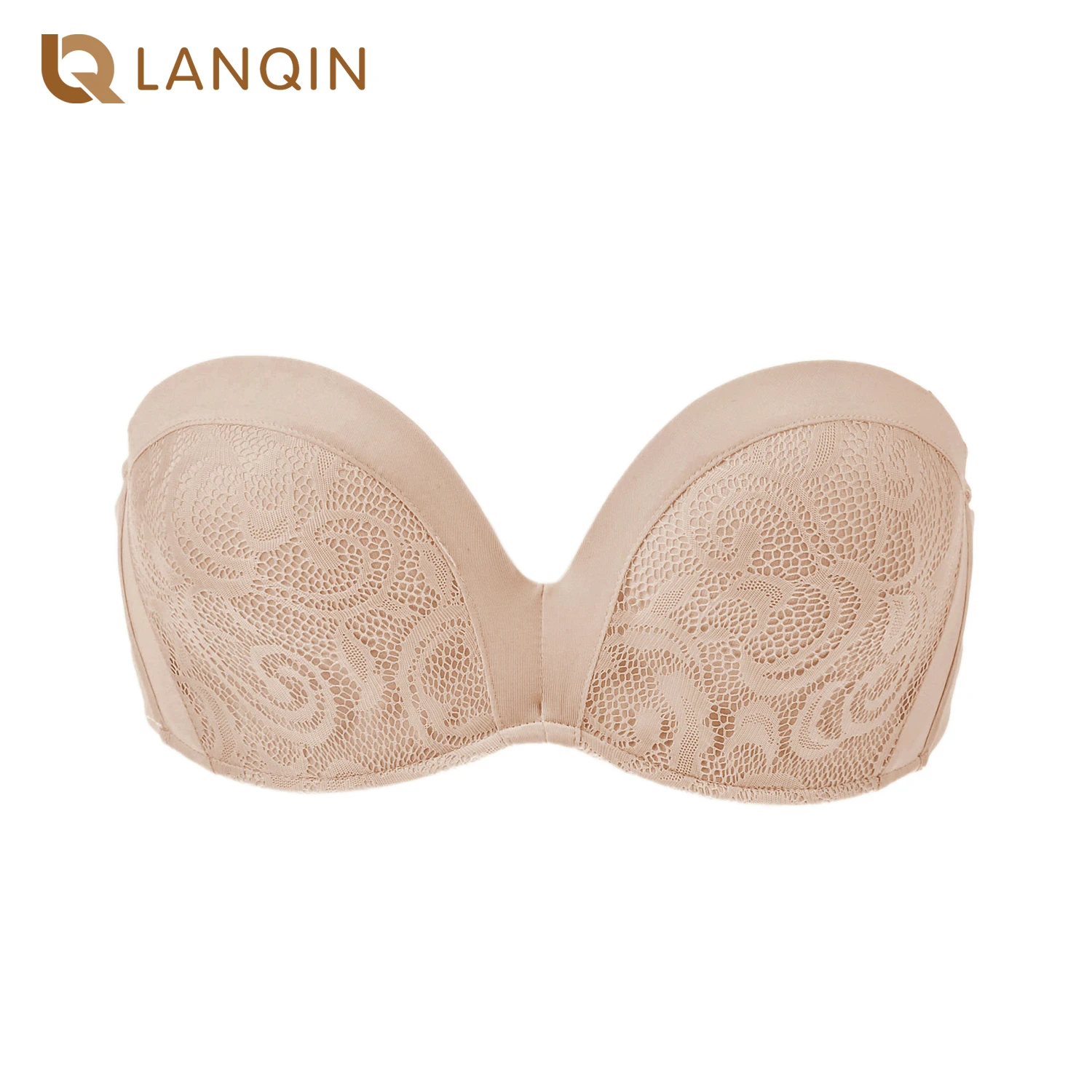 Women Plus Size Strapless Bra Lace Slightly Padded Underwire Push Up Bras Lift Great Support Underwear DD E F