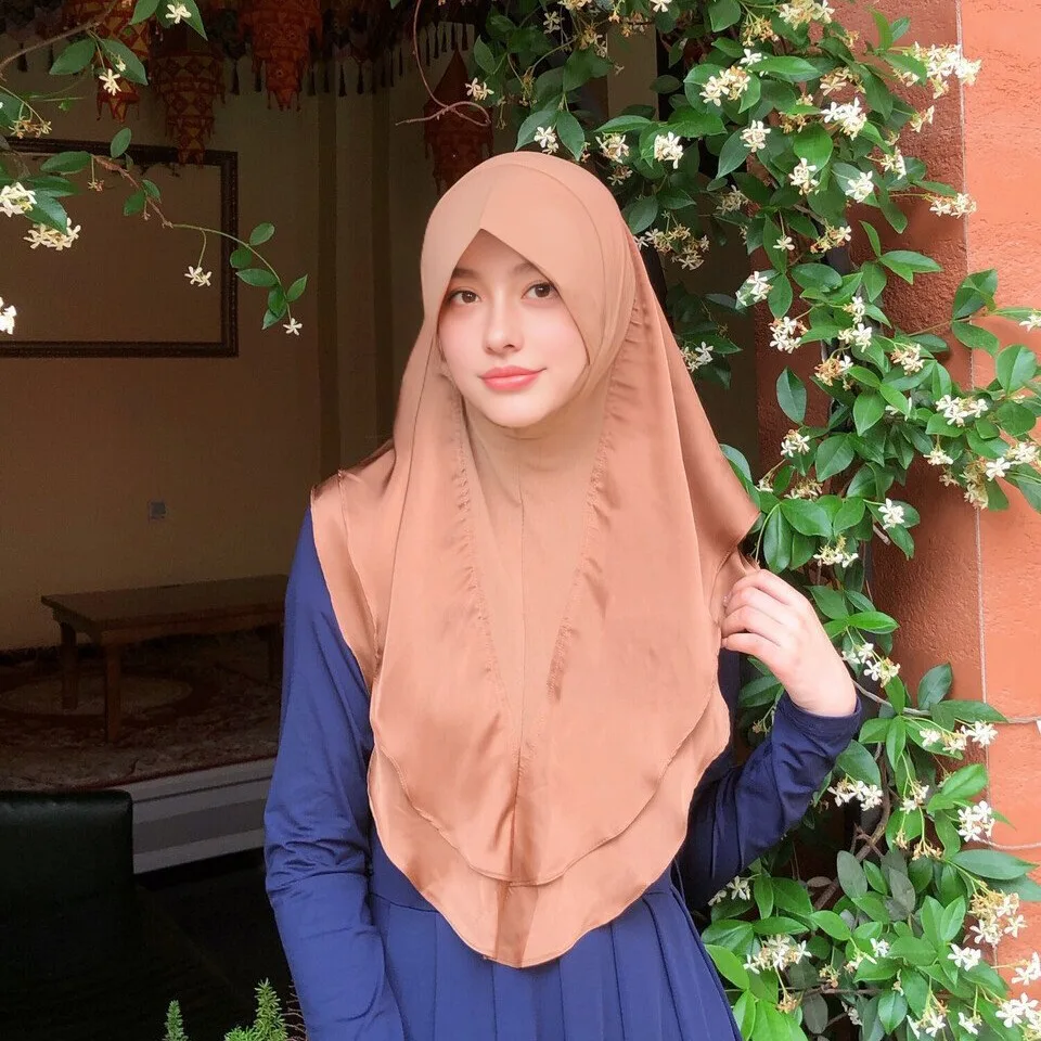 Женский атласный тюрбан двухслойный хиimar хиджаб мгновенный шарф мусульманский