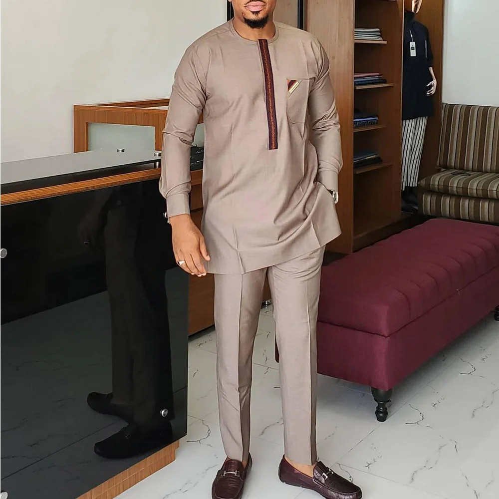 Костюм спортивный мужской с вышивкой Топ длинным рукавом и штаны комплект одежды