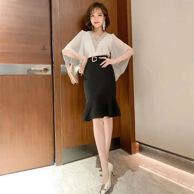 

2022 Women Summer Fashion Two Piece Sets Female V-neck Solid Color Pullover Tops Ladies Midi Slim Mermaid Skirts Suits O207