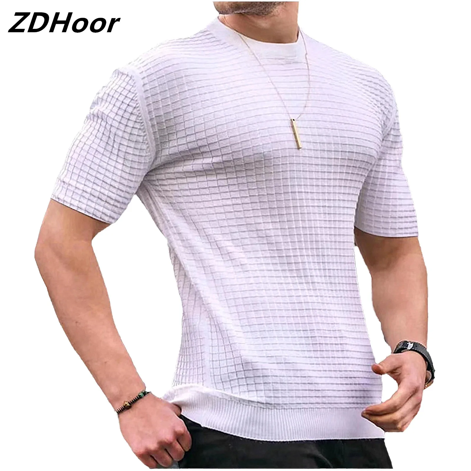 

Men Fashion Lattice Slim Fit T-shirt Casual Solid Color Ribbed Hem Round Neck Short Sleeve Tee Top