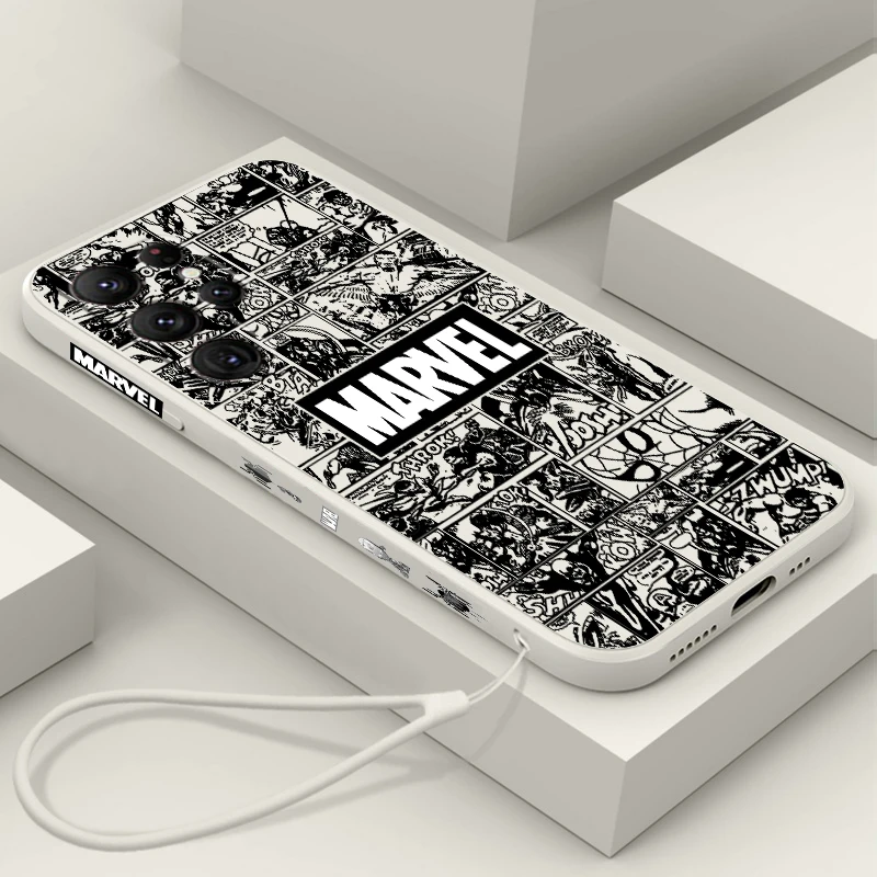 

Avengers Marvel Logo Comics Phone Case For Samsung Galaxy S23 S22 S21 S20 FE S10 Plus Lite Ultra 5G Liquid Left Rope Cover