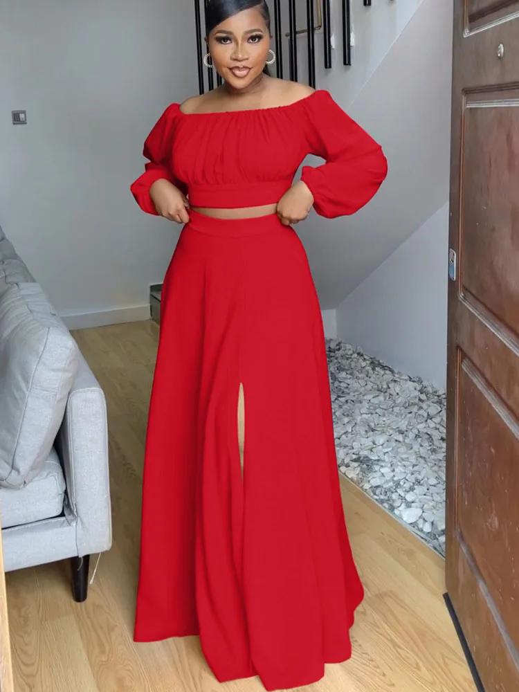 Женский костюм с юбкой и рукавом-фонариком длинное платье разрезом