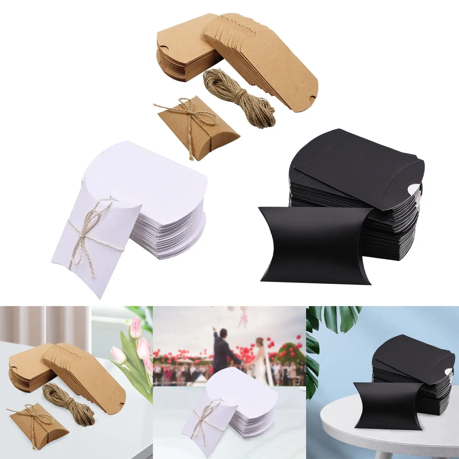 100 Pieces Kraft Pillow Box Candy Boxes Gift Bag with Twines Present Pouch