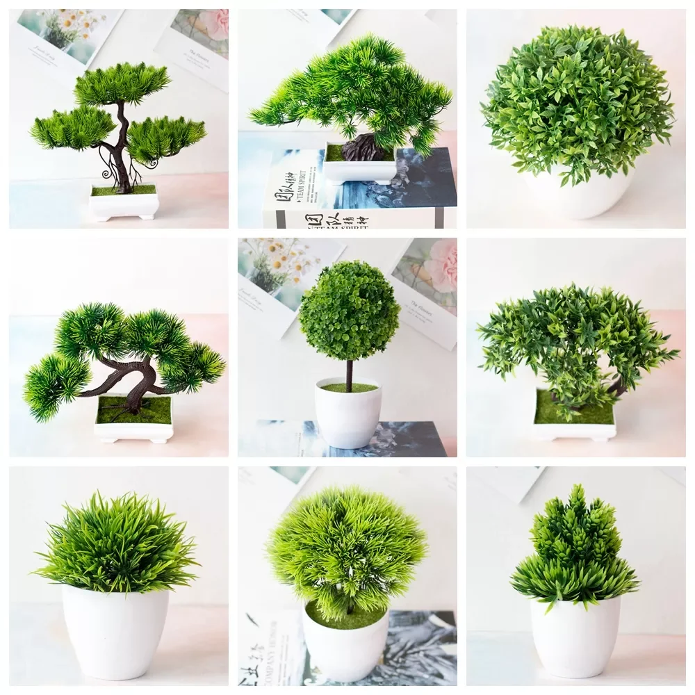

39Styles Green Artificial Plants Bonsai Small Tree Grass Flower Potted Bonsai Christmas Halloween Wedding New Year Home Decor