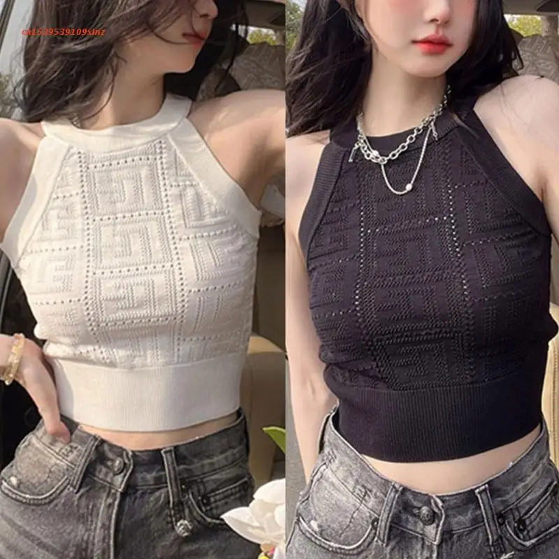 

Женский летний укороченный топ без рукавов, ажурный вязаный Топ с геометрической текстурой, однотонный облегающий базовый жилет