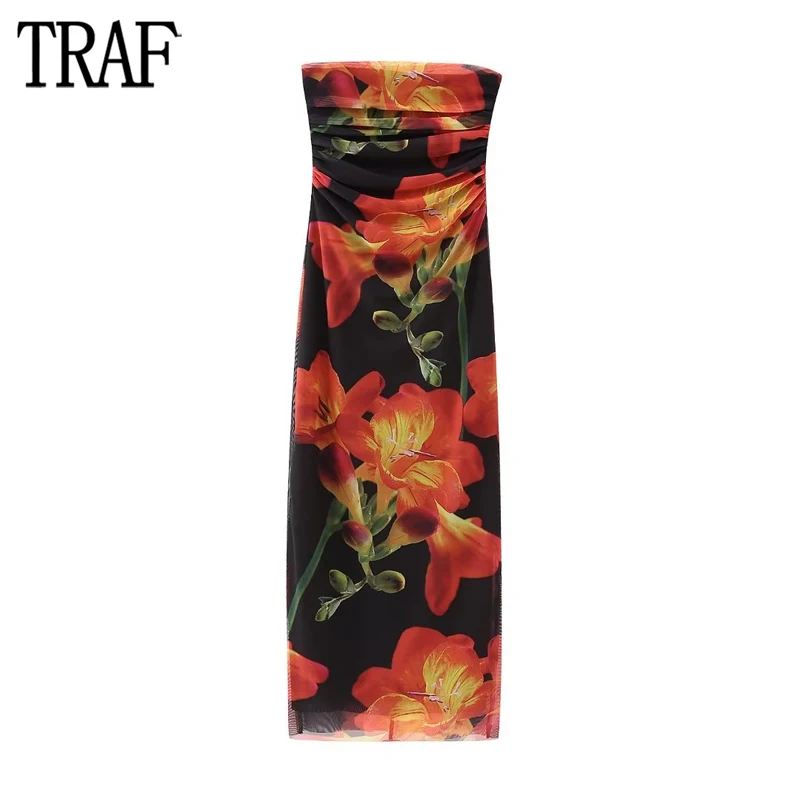 

TRAF 2023 Off Shoulder Dress Women Print Corset Midi Dress Woman Pleated Long Dresses for Women Backless Bodycon Summer Dress