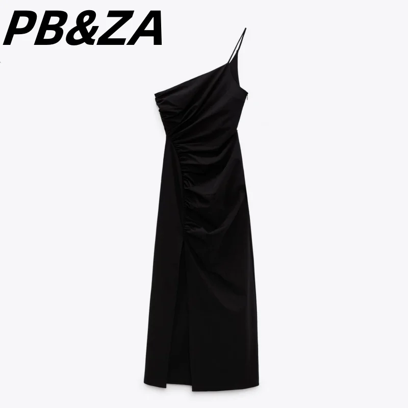 

PB&ZA 2023 New Women's Clothing All-match Sexy Thin Black Pleated Asymmetric Dress Female Summer 9006053