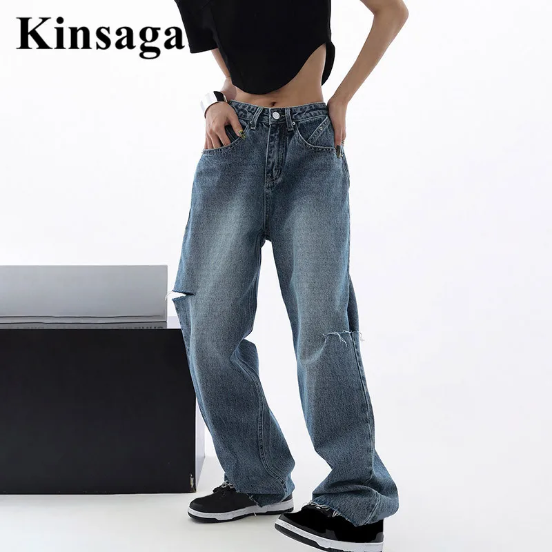 Skateboarding Street Boyfriend Loose Ripped Holes Jeans Women Hip Hop Cyber Y2k Chic High Waist Wide Leg Mopping Demin Pant Girl