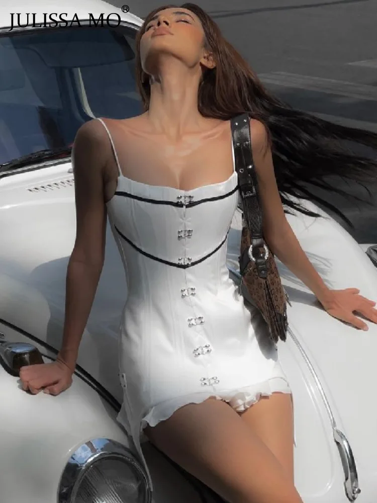 

JULISSA MO Fashion Women Metal Button Slips Ruffles Sexy Backless Mini Dress Summer Sleeveless Slim White Ladies Dress Vestido