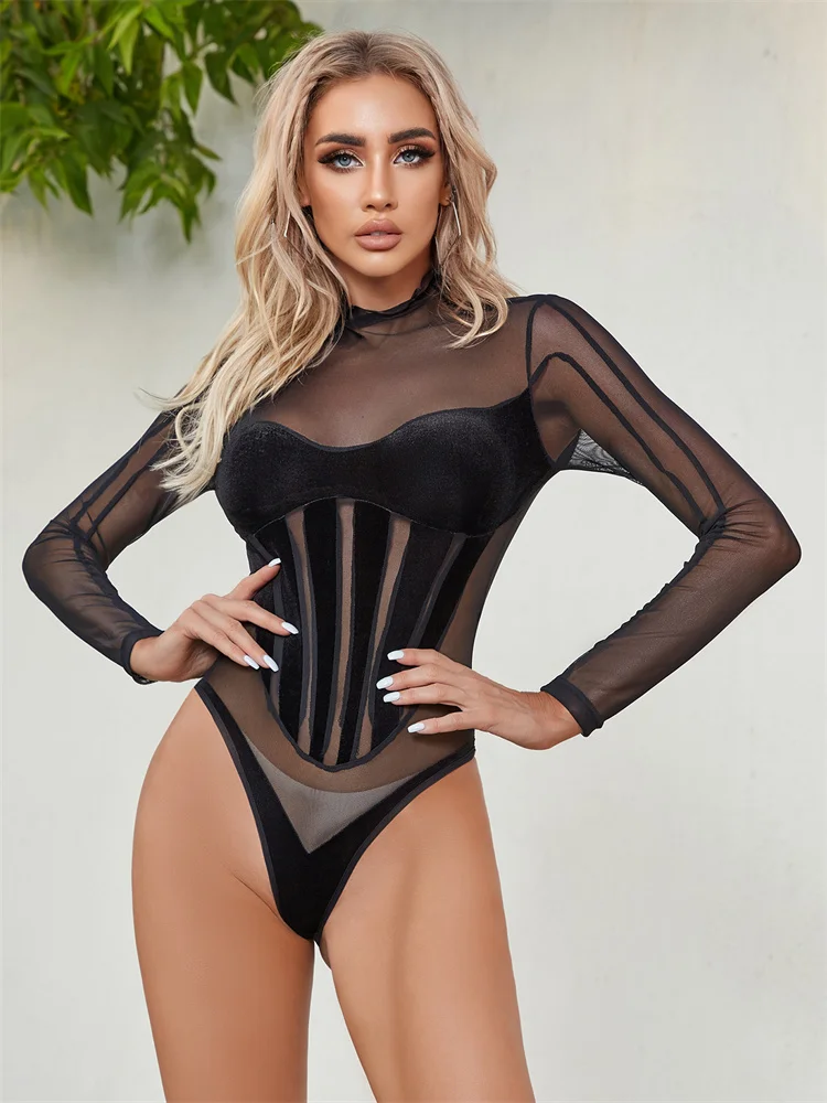 

InGrily Mesh Striped Women Bodysuits Hipster Sexy See Through Turtleneck Full Sleeve Skinny Playsuits Autumn Lady Streetwear