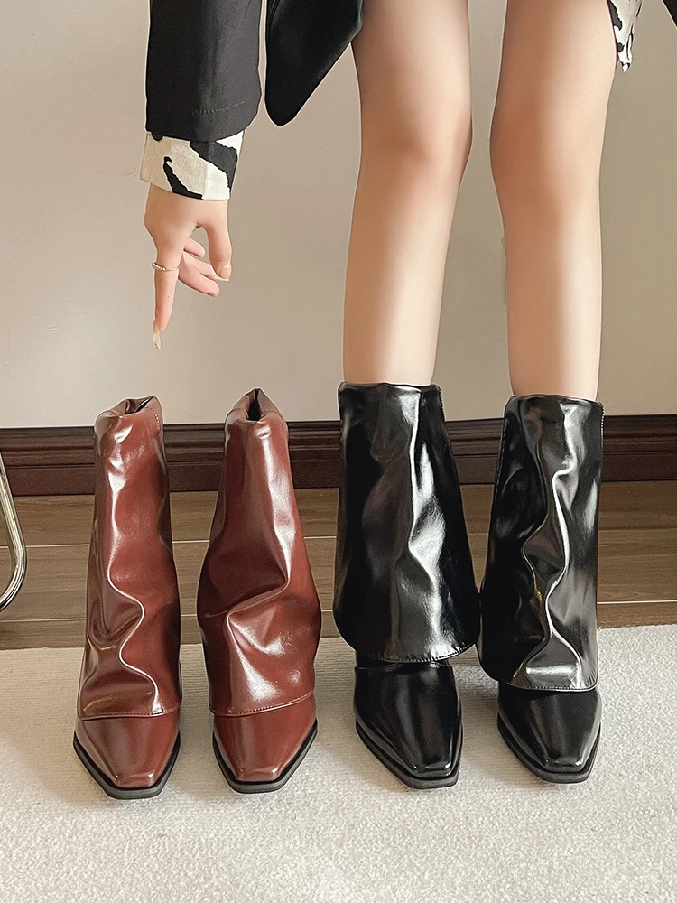 

Женские ботинки на высоком каблуке, роскошные дизайнерские ботинки на шпильке, до середины икры, модная обувь в римском стиле для осени, 2023