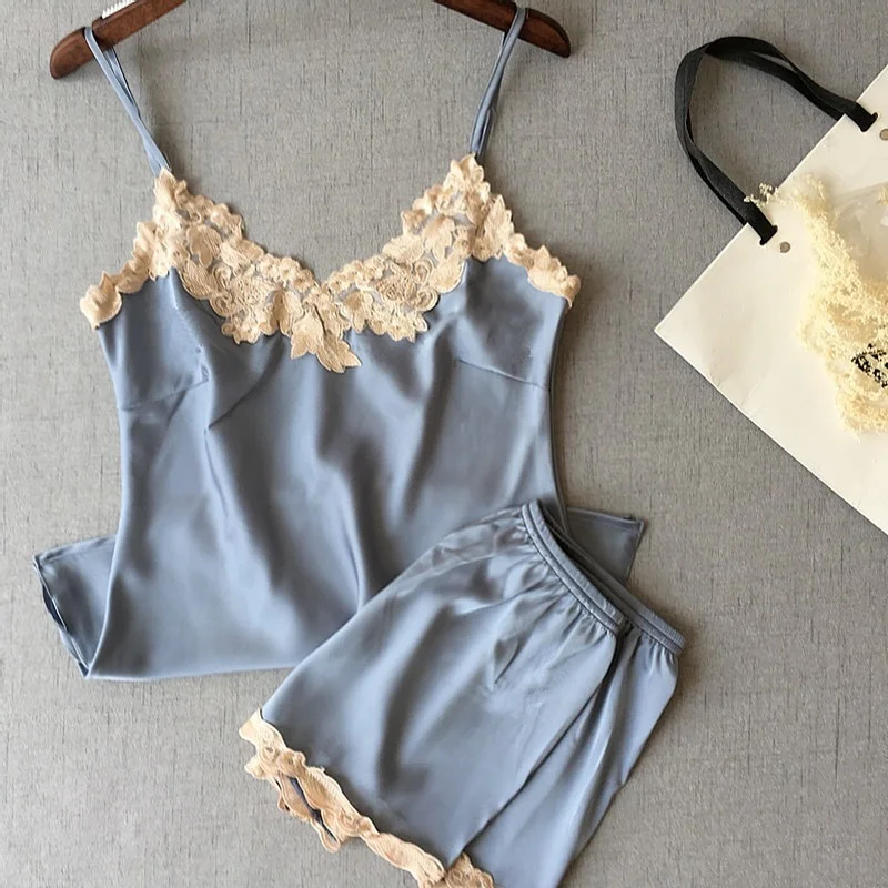 Sexy Women Pijamas 2 Piece Set Satin Pajama Sleeveless Sling Sleep Top Shorts Lace Fashion Solid Loungewear Woman Nightwear Pjs