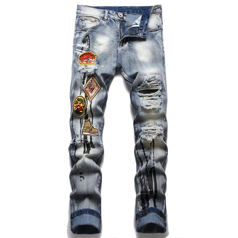 

Jean Homme Jeans Men Destroyed Hole Slim Fit Streetwear Ripped Denim Pants Trend Brand Trousers For Men Casual Solid Biker