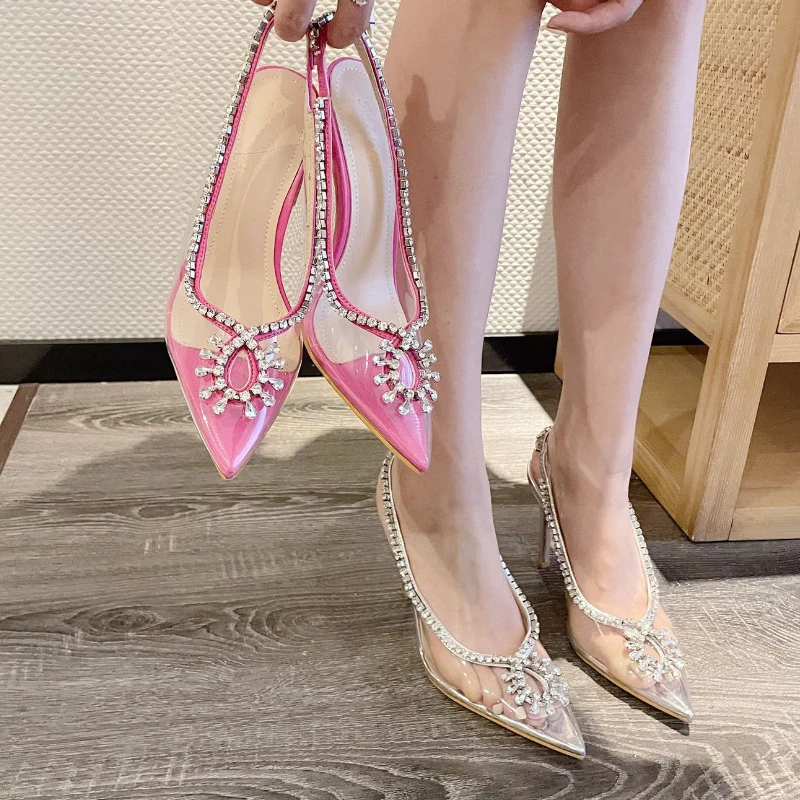 

Прозрачные туфли-желе, роскошные сандалии для женщин, пикантные Стразы с острым носком, прозрачные ПВХ туфли-лодочки на высоком каблуке с ре...