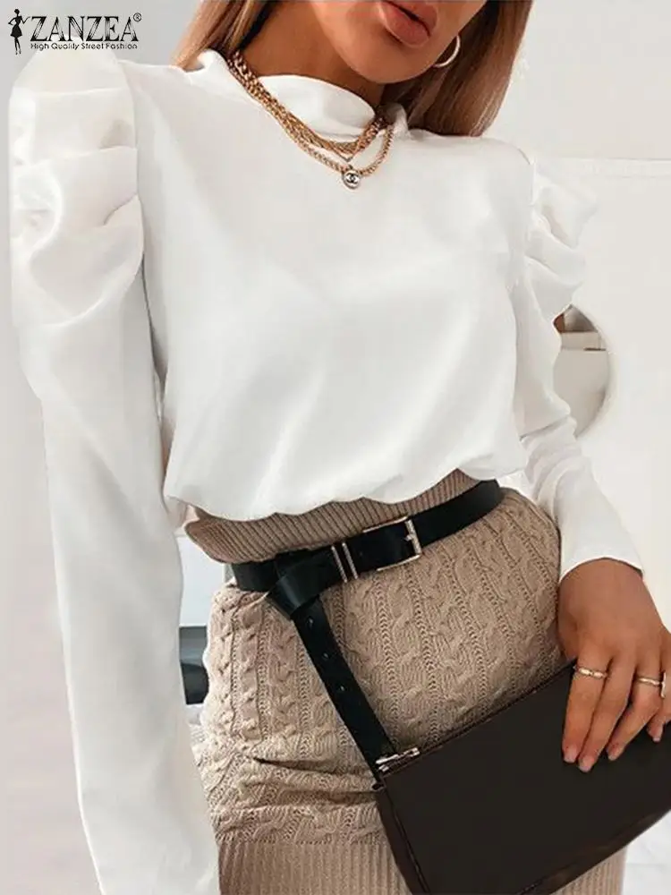 

Весенняя элегантная однотонная Рабочая блузка ZANZEA, Женский офисный топ с пышными рукавами, модная повседневная офисная рубашка, женские пл...