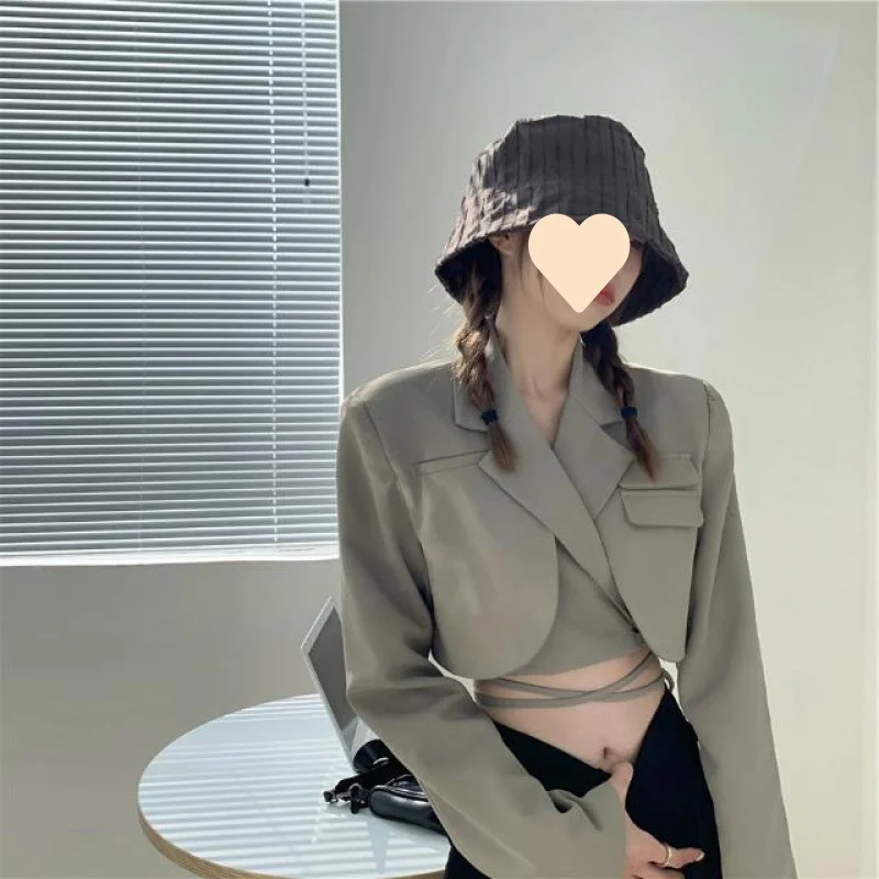 Gray Double Layer Bandage Slim Blazer Korean Fashion Women Long Sleeve Pocket Short Jacket Female Outwear 2022 Blazers Crop Tops