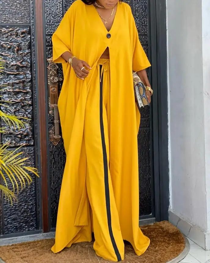 

Two Piece Sets Womens Outifits Fashion Daily V-Neck Long Sleeve Slit Longline Top & Contrast Paneled Pants Set