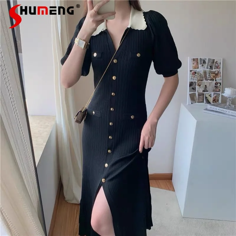 

2022 Early Spring Summer New Women's Fashion Contrast Color V-neck Knitting Dress Ladies Elegant Puff Sleeve Long Knitted Dress