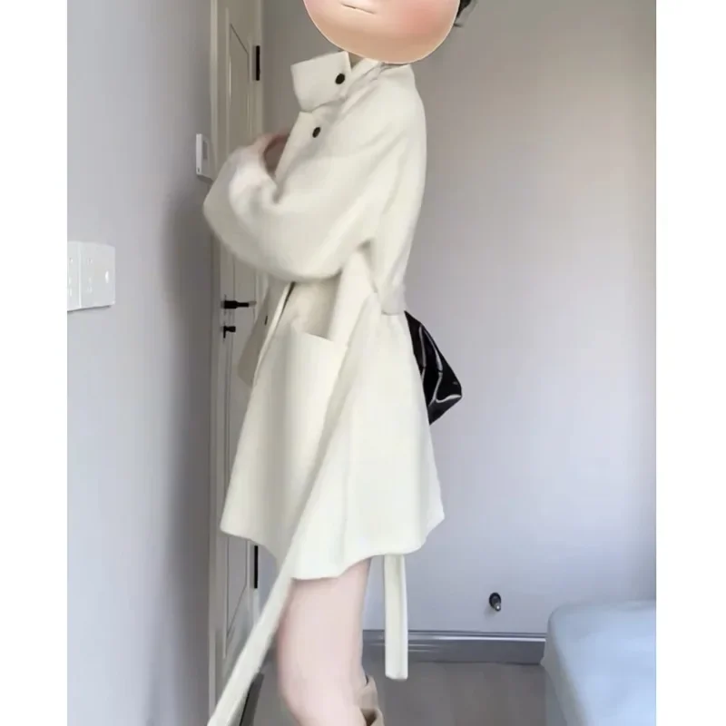 Элегантное шерстяное пальто средней длины белое корейское для женщин осень/зима