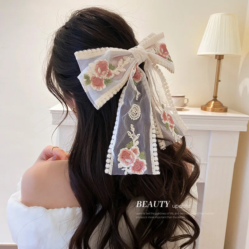 

Minar French Vintage White Cloth Rose Painted Hairpins for Women Ladies Sweet Floral Large Bowknot Barrettes Hair Accessories