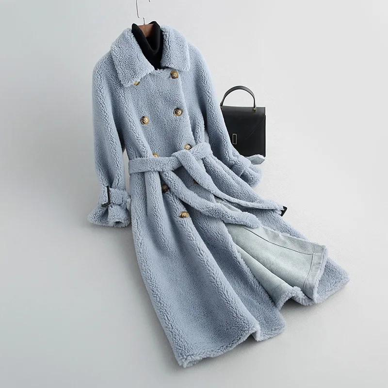 Real Fur Coat Women Jacket 2022 New Winter Clothes Sheep Shearing Double Breaste Thick Long Wool Parkas Belt Elegant Female Tops