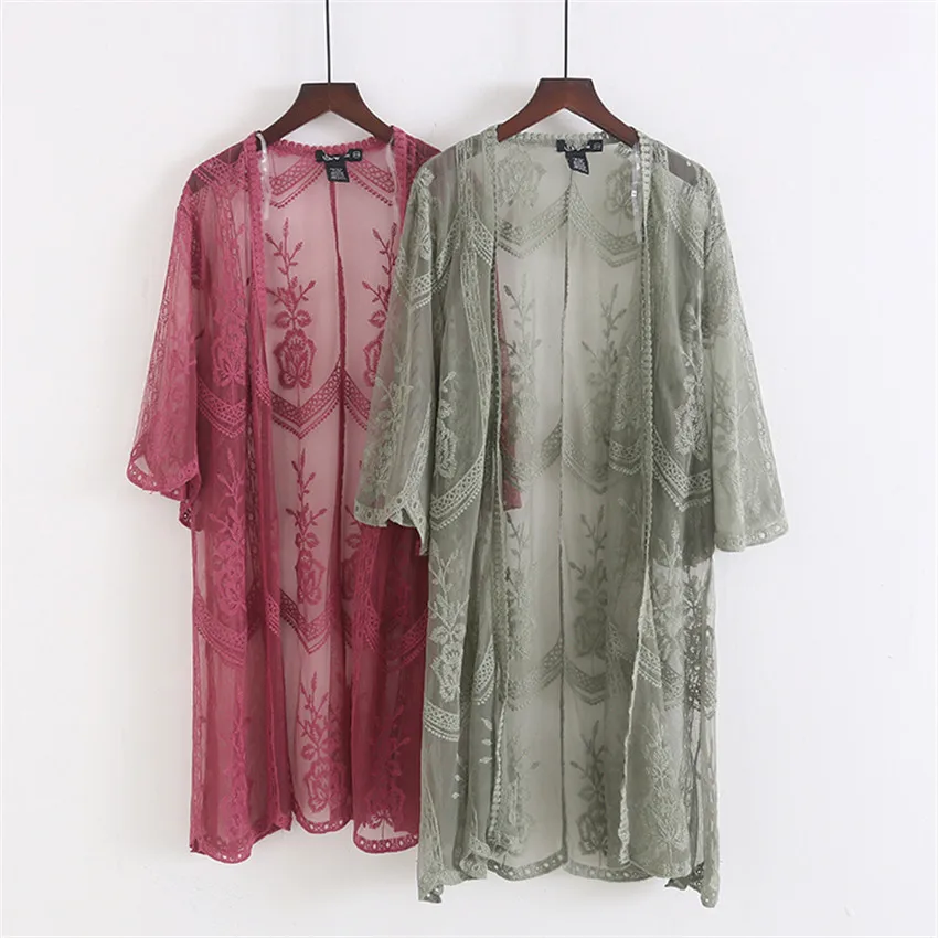 

New Fashion Summer Women Lace Cardigan Blouse Thin Embroidery Blousas Sun Protection Coat Lady Loose Midi Long Beach Shirts 1715