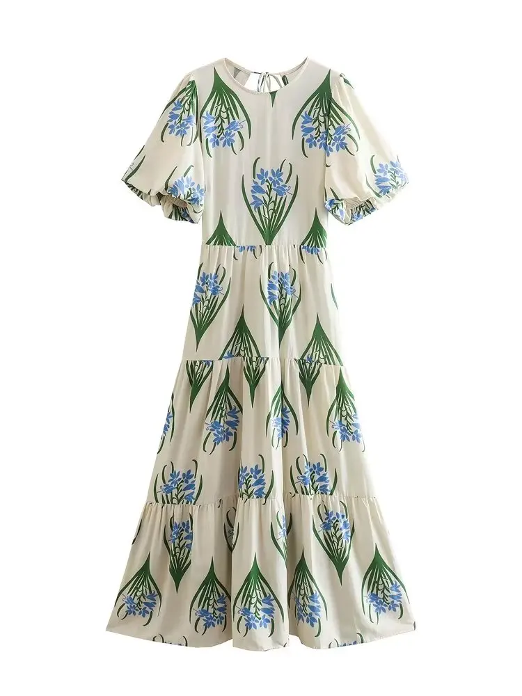 

Women Short Sleeve Lace Up Backless Midi Dress Summer Floral Print Spliced A-line Loose Dresses 2022 robe femme