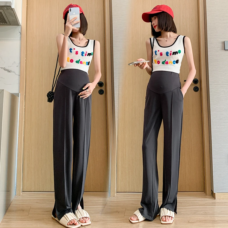 

2203# Summer Fashion Ice Cool Maternity Straight Pants Side Splits Loose Belly Clothes for Pregnant Women Pregnancy Trousers