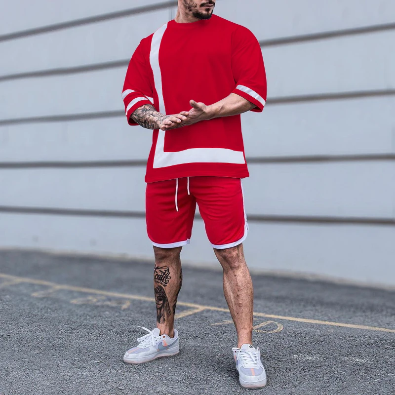 Men's Sports Leisure Fashion Set Summer New Colored Round Neck Short Sleeve Shorts Two Piece Set
