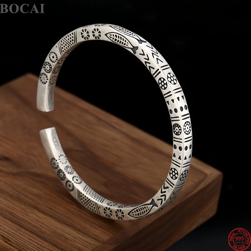 Фото Новые браслеты-шармы BOCAI из настоящего серебра S999 для мужчин, в античном стиле, с тотемным узором, панк-браслет, изысканные ювелирные изделия №1