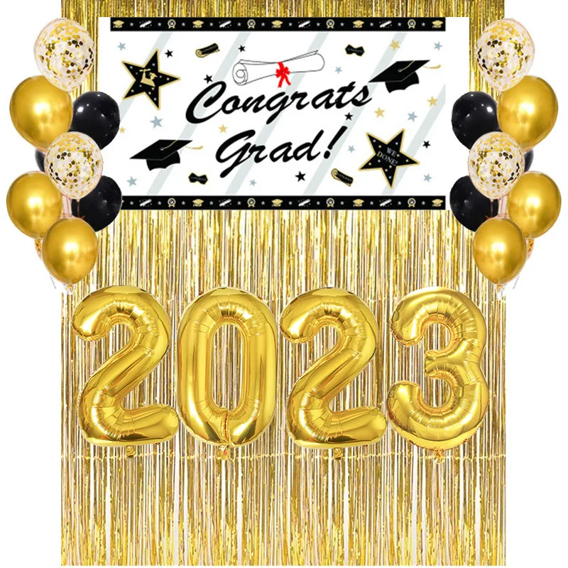 Gold Black Class of 2023 Graduation Party Decoration Balloons Photo Booth Props Bachelor Cap Grad Congrate Graduated Background
