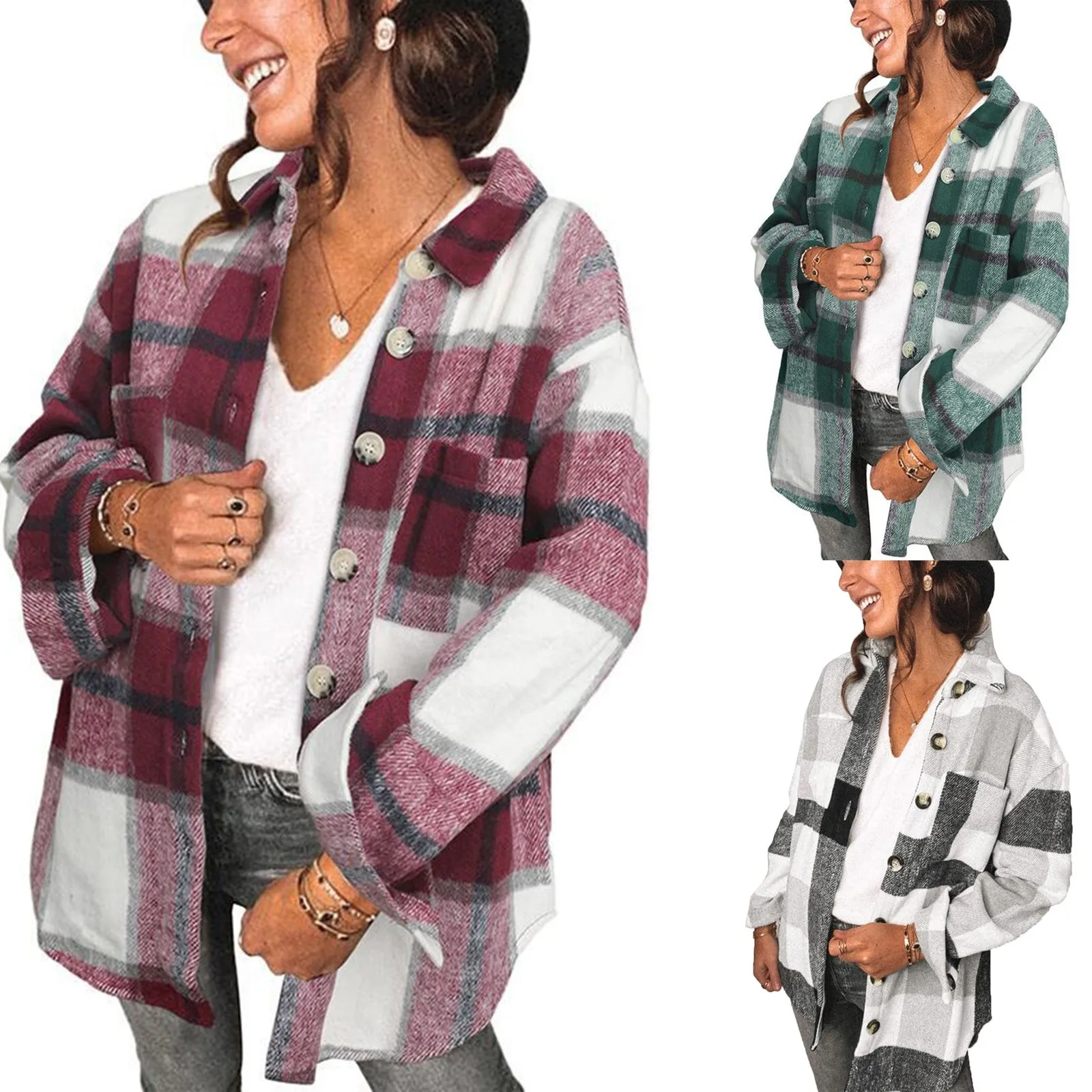 

Женское пальто на пуговицах, зимняя Классическая Толстая рубашка в клетку с длинным рукавом и отложным воротником, свободная уличная одежда
