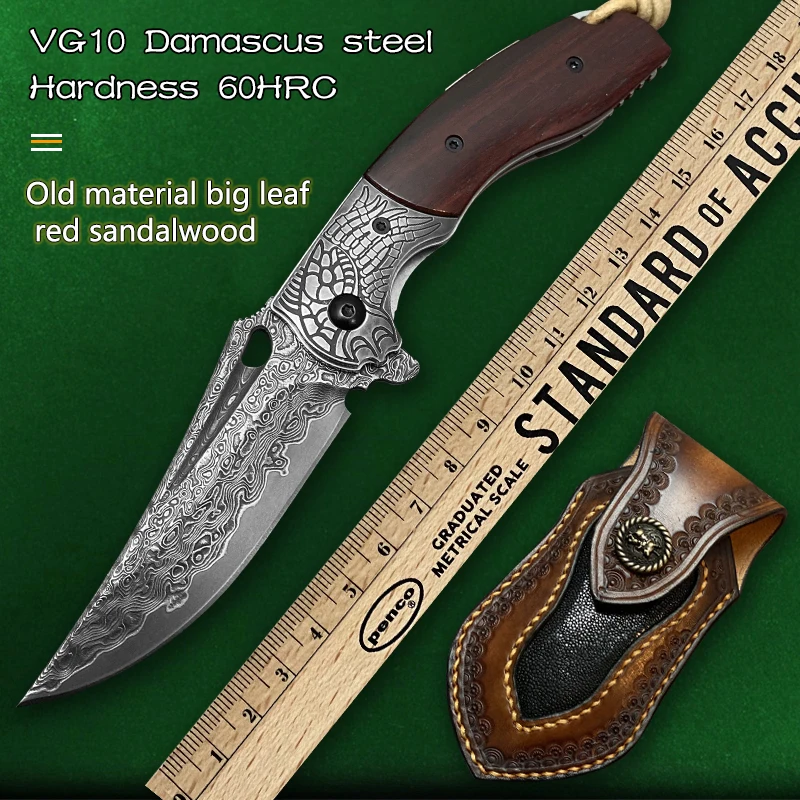 

Складной нож из дамасской стали, Ручная ковка 60HRC, деревянная ручка, для повседневного использования, кемпинга, выживания в джунглях, охоты, ...