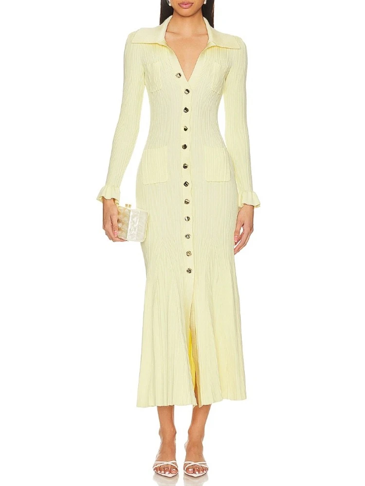 Женское трикотажное платье-стрейч Элегантное однобортное длинное платье