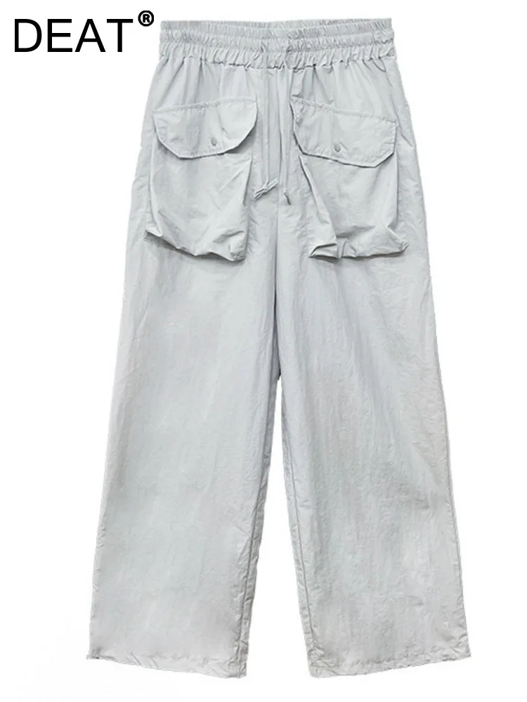 

DEAT Fashion Women's Pants Loose Elastic Waist Drawstring Spliced Pocket Gray Wide Leg Straight Trousers Summer 2023 New 17A7525
