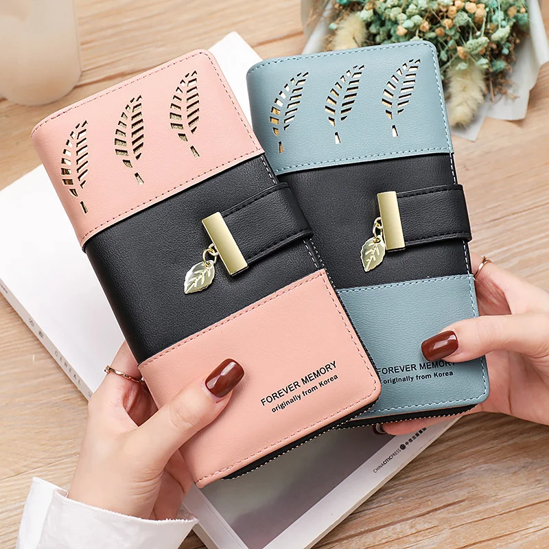 

Hollow Leaves PU Leather Women's Long Wallet Fashion Female Coin Purses Hasp Zipper Clutch ID Credit Card Holders Money Bag Clip