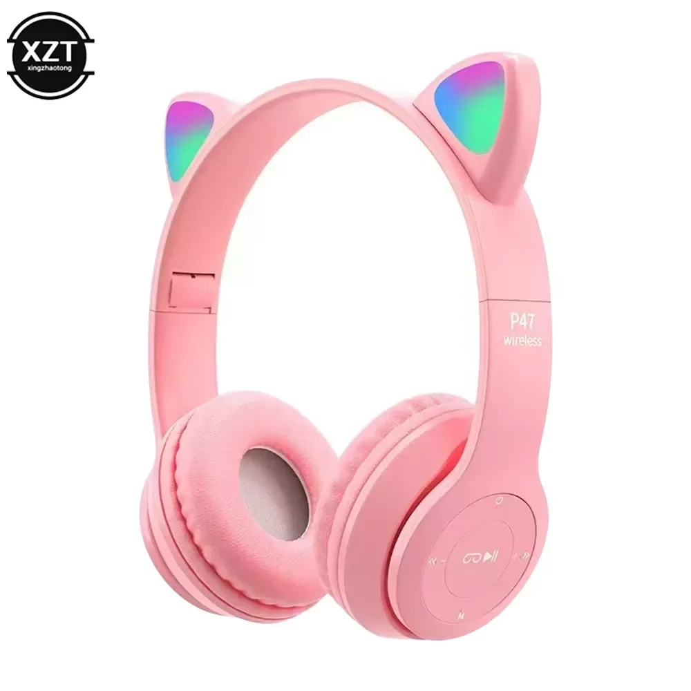 Headphones Bluetooth-compatible Headset Earphone Wireless LED Kid Girl Stereo Foldable Sport Earphone Mic Headset Cute Cat Ears enlarge
