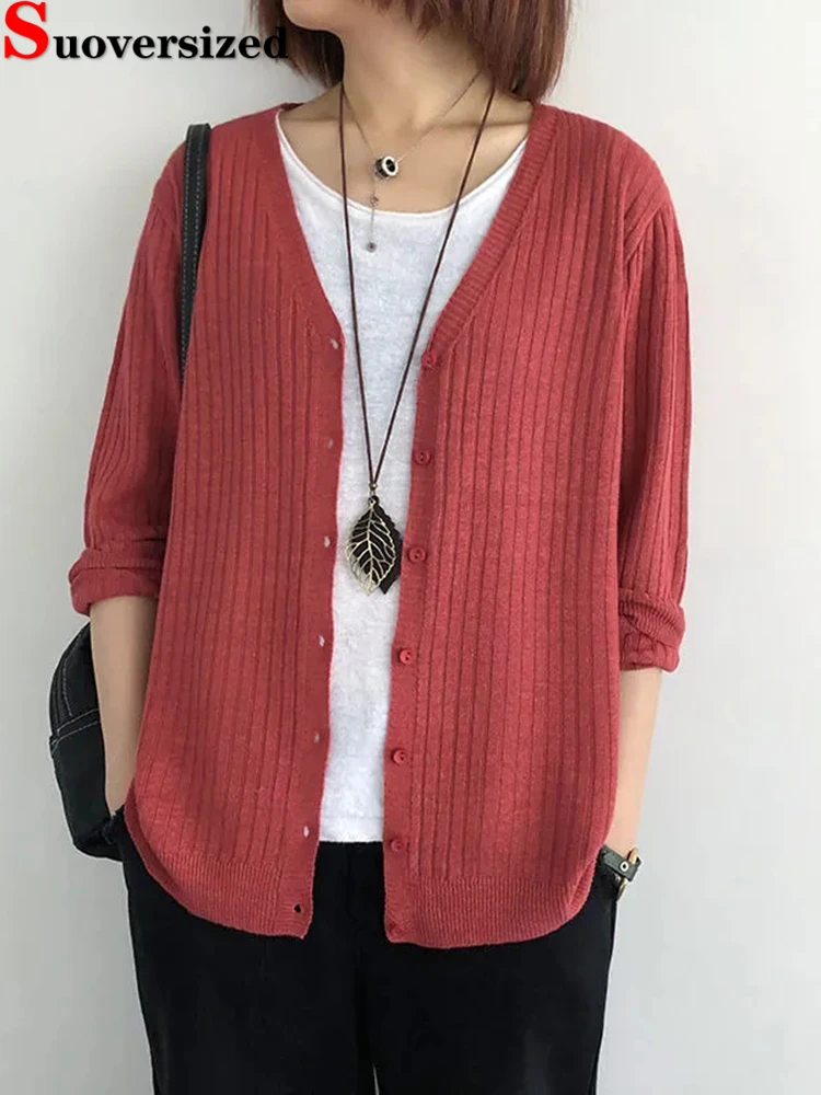 

Loose Sunscreen V-neck Casual Spring Knitted Cardigan Elegant Women New Coat Long Sleeve Thin Korean Tops Knitwear Solid Outwear