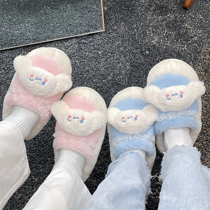 

Anime Sanrioed Cinnamoroll Winter Plush Slippers Girl Cute Home Shoes Student Dormitory Warm Non-Slip Couple Cotton Slippers