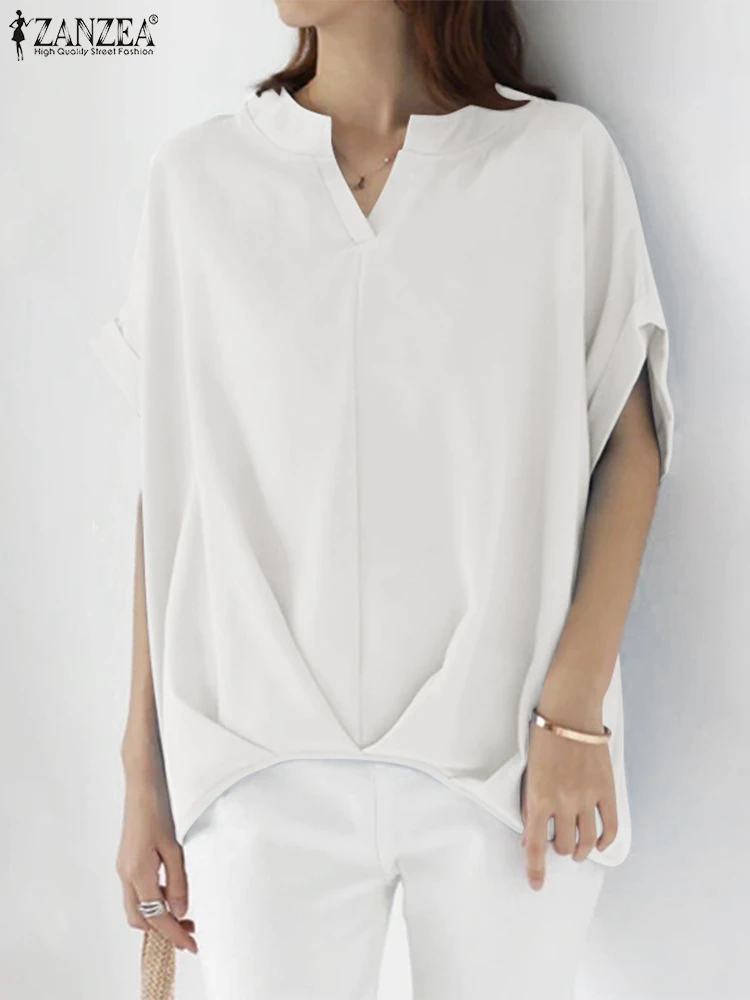 

V-Neck Female Shirt Short Sleeve Office Ladies Shirt ZANZEA Summer Women Solid Color Blouse Bohemian Fashion Casual Holiday Tops