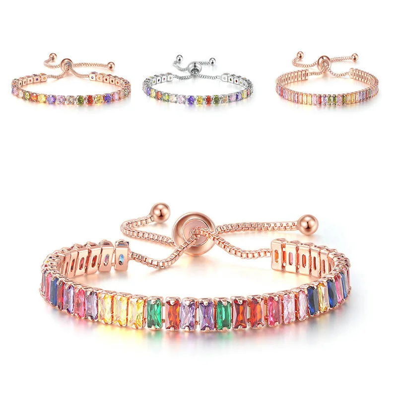 

Cute Sweet Women Colorful Zircon Box Chain Bracelet Fashion Adjustable Metal Ball Copper Bracelet Luxury Female Girls Jewelry