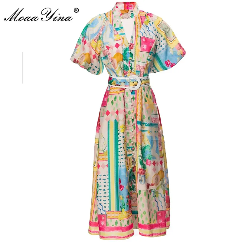 

MoaaYina Fashion Designer dress Summer Woman's Dress Stand Collar Lantern Short Sleeve Fruit Printing Belt Dresses